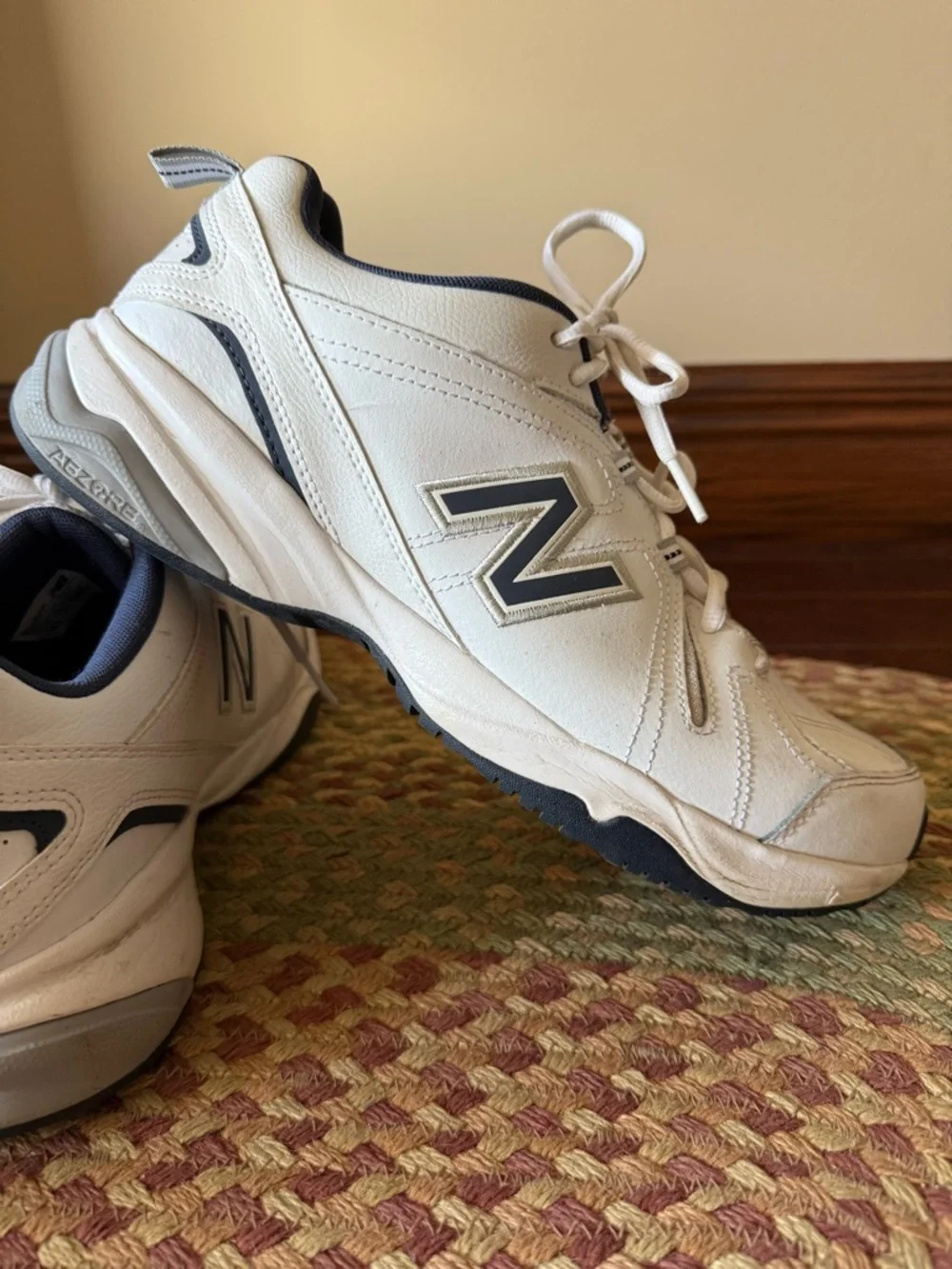 New Balance White and Navy Athletic Sneakers - Picture 7 of 9